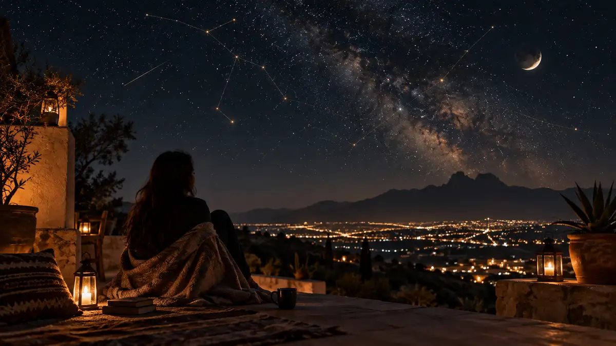 Persona contemplando un cielo nocturno lleno de estrellas.