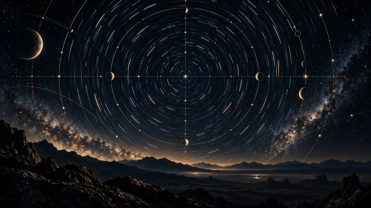 Cielo nocturno representado con referencias de cartografía celeste.