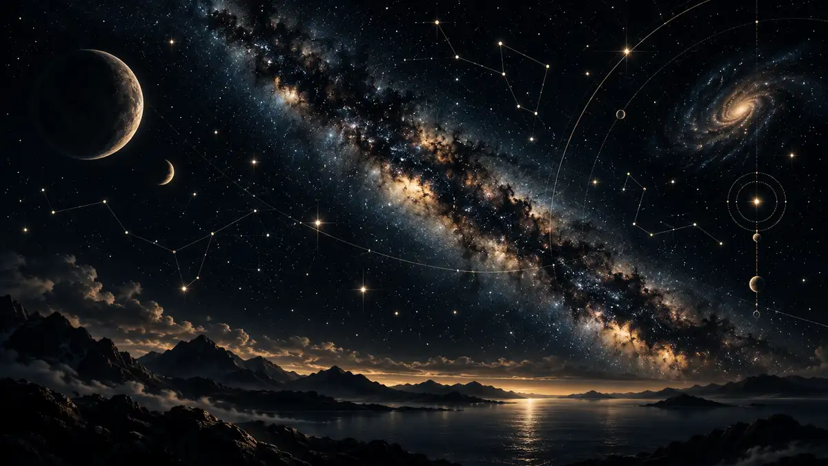 Vía Láctea y cielo estrellado sobre un paisaje nocturno.